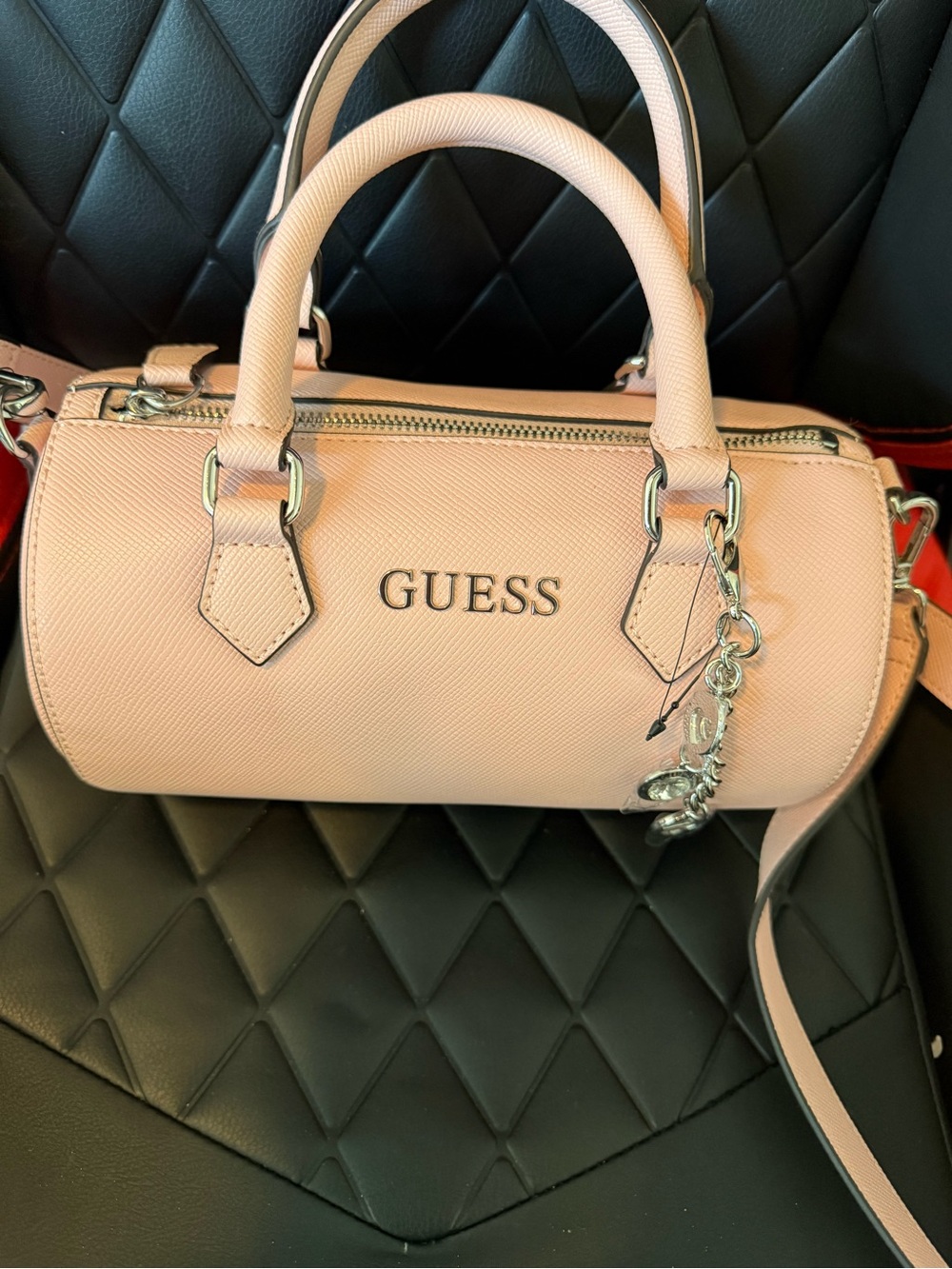 GUESS Light Pink Barrel Satchel with Silver Charm